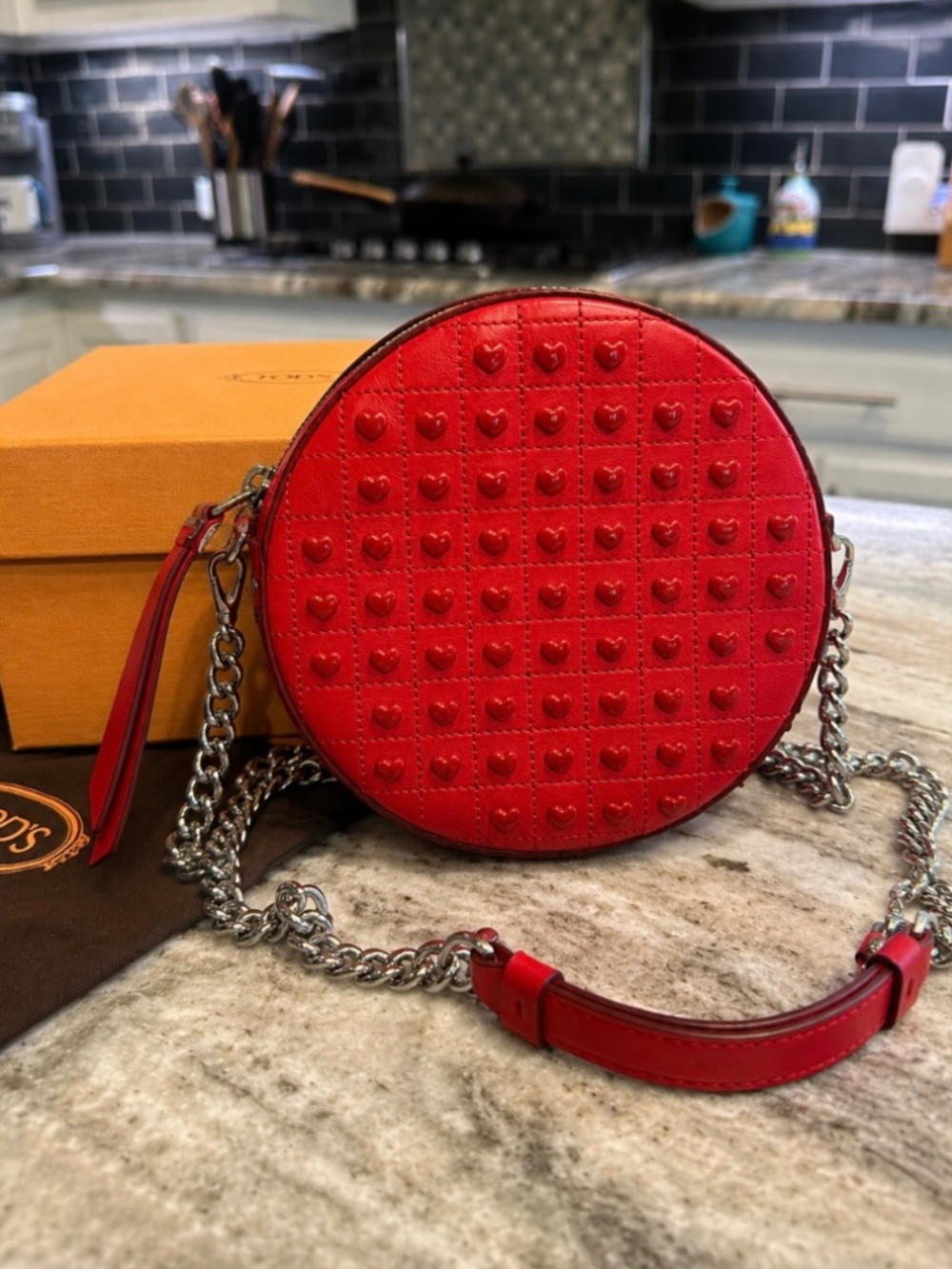 Tod’s Round Gommino Red Heart Stud Leather Crossbody Bag Limited Edition